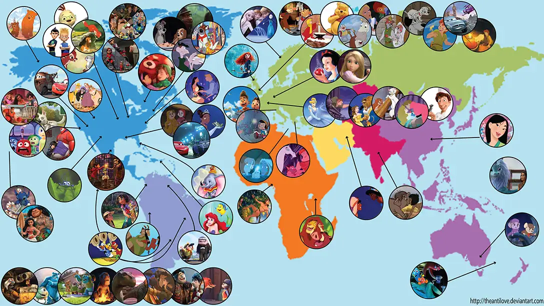 Este mapa del mundo muestra dónde se desarrolla cada película de Disney