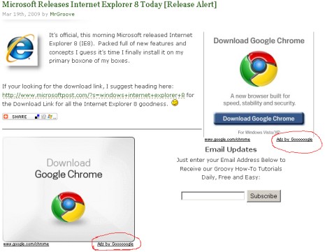 Publicidad de Chrome en artículos que hablan de Internet Explorer 8