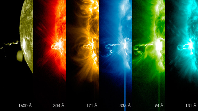 Erupción solar vista con diferentes longitudes de onda