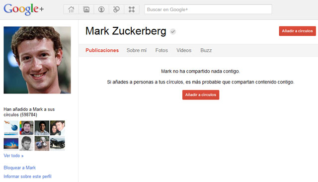 Perfil de Mark Zuckerberg en Google+