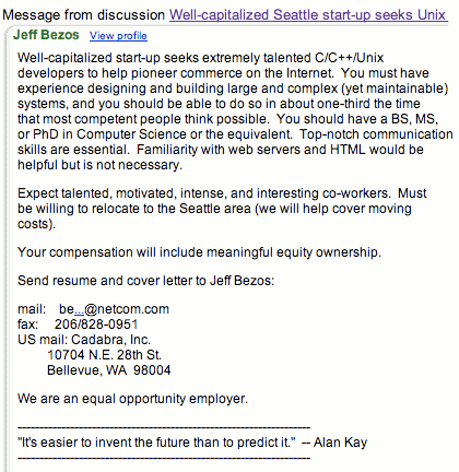 Oferta de trabajo de Amazon en 1994 Oferta de trabajo de Amazon en 1994