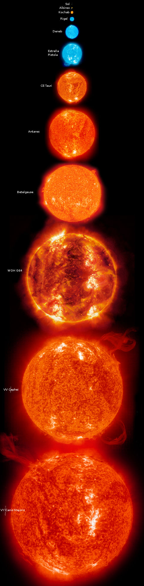 Tamaño del Sol en comparación con las mayores estrellas conocidas