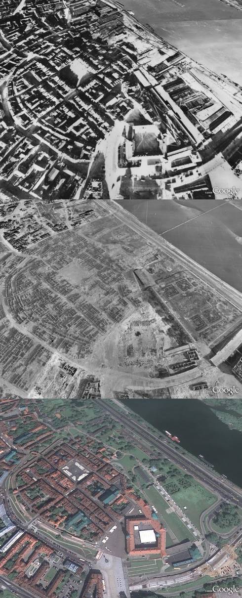 Vista aérea de Varsovia antes del comienzo de la Segunda Guerra Mundial, durante y en la actualidad