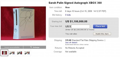 Piden 1.100.000 dólares por una Xbox 360 firmada por Sarah Palin Piden 1.100.000 dólares por una Xbox 360 firmada por Sarah Palin