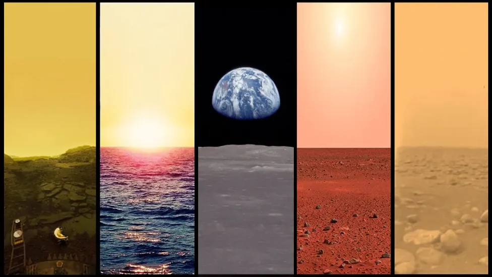 Los horizontes de Venus, la Tierra, la Luna, Marte y Titán