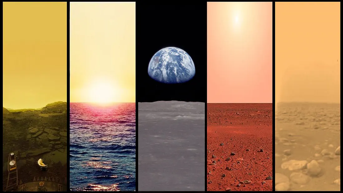 Los horizontes de Venus, la Tierra, la Luna, Marte y Titán