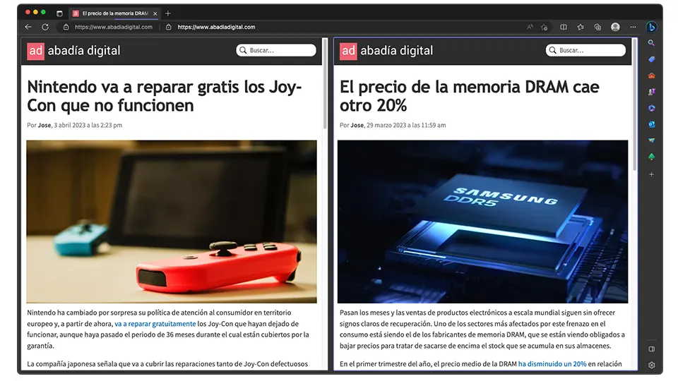 Microsoft Edge permite cargar dos webs en la misma pestaña